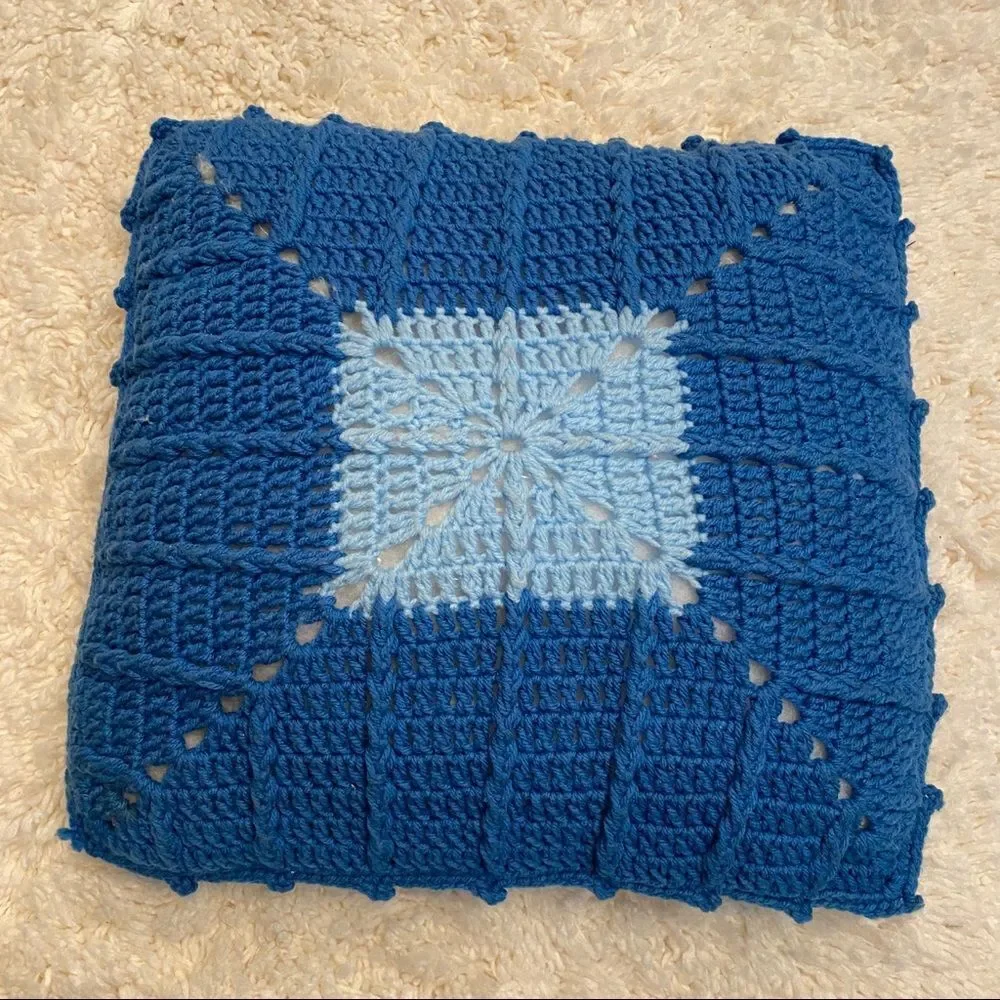 Vintage retro crochet throw pillow accent home decor blue geometric square